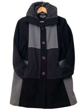 Vintage ME-JAY Made Canada Wool Cashmere Coat Black Gray Color Block Size 8
